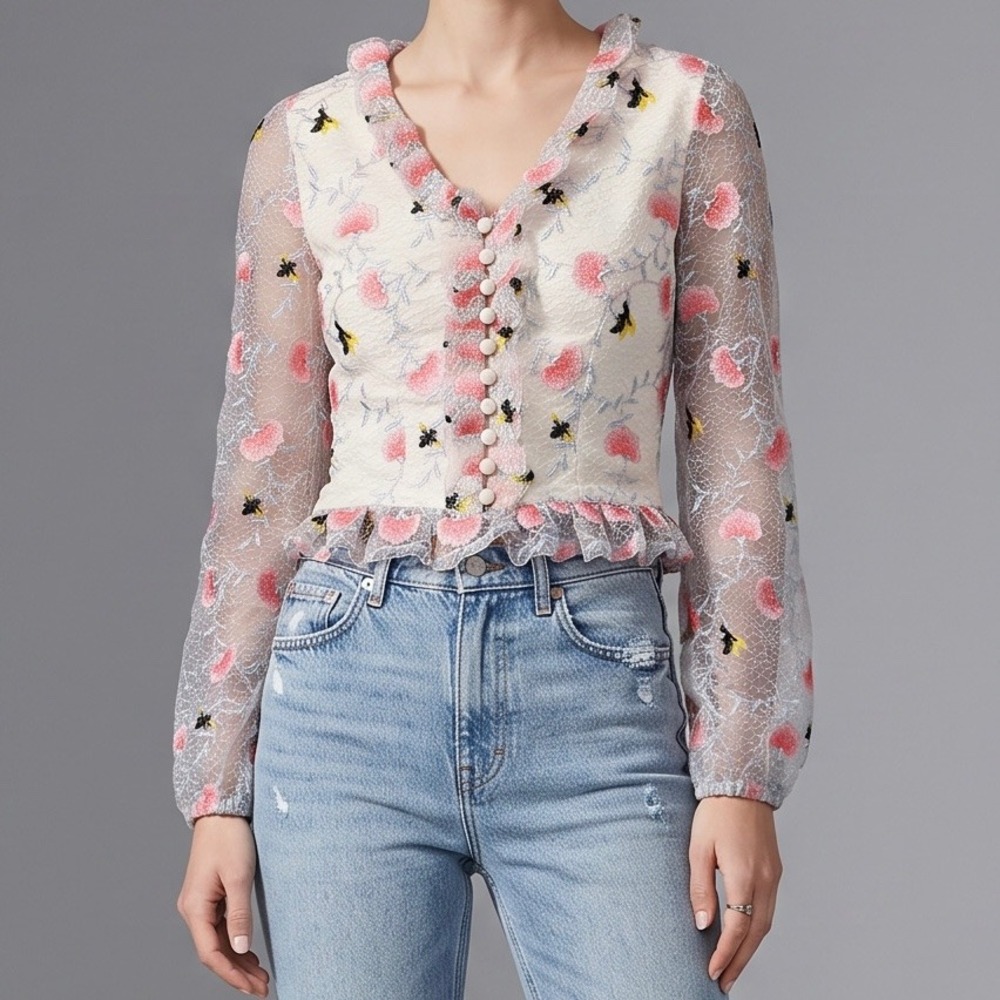Vone Lace Floral Button Front Long Sleeve Blouse Ruffle Embroidered Bee size 6